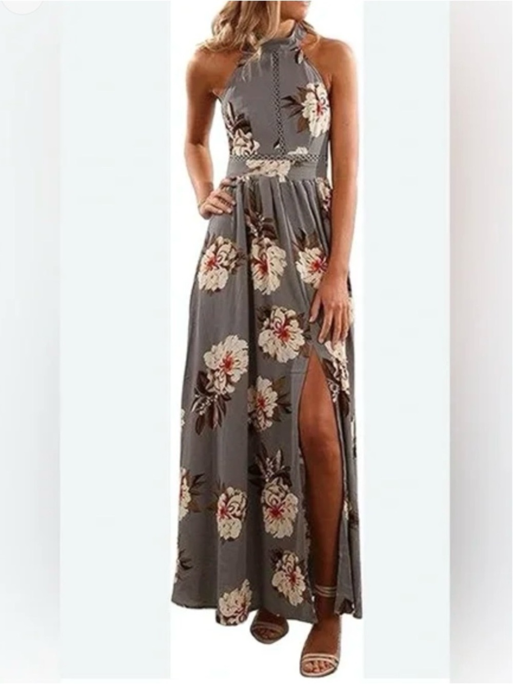 Sleeveless Gray Floral Halter Maxi Dress with Side Slit and Open Back